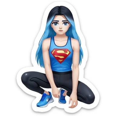 Shameful disappointed crying-very very very very big chest-texting on a samsung cell phone-very long straight flowing black to sky blue hair ombre-blue eyes-black eyeliner-long eyelashes-plastic sparkling sky blue very low cut tank top with sparkling superman logo-black leggings-nike sneakers sticker
