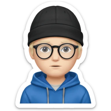 a shy boy wearing thick black glasses (nerd) and hide all his hair under a blue cap, wearing a normal hoodie (ios memoji) sticker