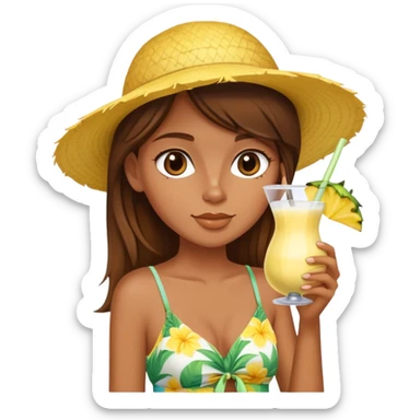 Very tan skinned girl with brown hair wearing a summer outfit sipping a piña colada sticker