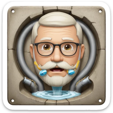 50 year old bearded and moustached white male wearing glasses with an open mouth. His mouth has been cast into a square frame made of concrete connected to a drain pipe. He is proud and thinks his right, while being slightly angry because the joke is on him. sticker