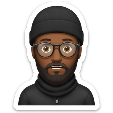 A dark-skinned man with a black beanie, glasses, and a full beard, giving him a thief-like appearance. sticker