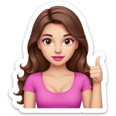 girl with long wavy brown hair, brown eyes, long lashes makeup, sexy pink lips, light to medium complexion, wearing a pink sexy top, thumbs up sticker