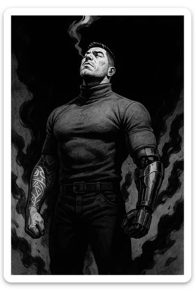 Black and white comic book panel of an extremely muscular Italian man with cybernetic implants standing in the dark, surrounded by smoke. He is wearing a long-sleeved shirt with a high collar, and his chest is sculpted. sticker