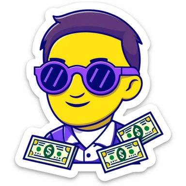 yellow face with green money signs for eyes, wearing slightly transparent black sunglasses, money symbols on face sticker