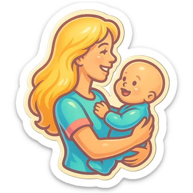 young woman with long blonde hair holding a baby in her arms, smiling and looking forward, side view, retro stickers style, thin clean outlines, soft rounded shapes, pastel palette, retro sticker aesthetic, detailed shadows and highlights, soft lighting sticker