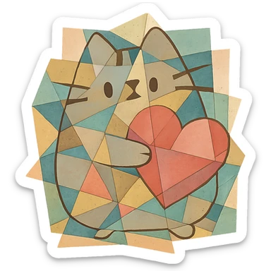 Pusheen hugging a big heart, pastel colors, adorable, cubist abstraction style sticker