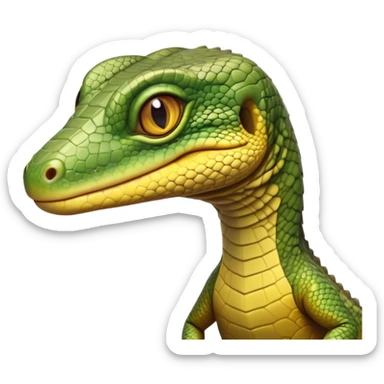 cinematic-realistic-cute-monitor-lizard-portrait-emoji,-head-tilted-playfully-and-inquisitively,-featuring-a-compact,-agile-body-with-finely-detailed,-glossy-scales-in-earthy-olive-hues-and-a-distinct,-alert-face-with-bright,-curious-eyes, yellow and dark green sticker