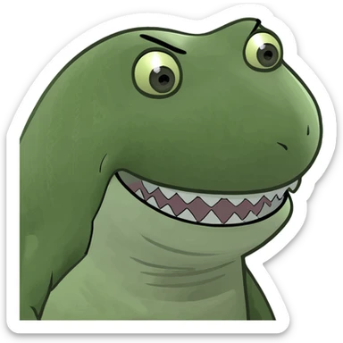A green Bufo frog meme-style shark, humorous and exaggerated features sticker