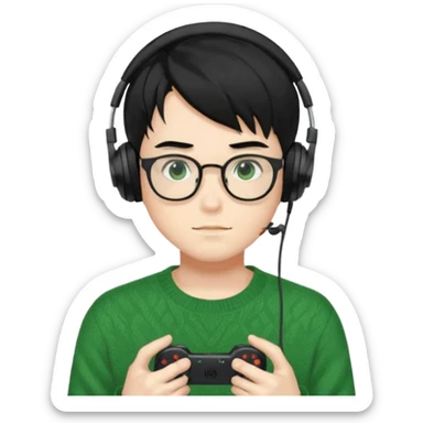 
gamer, Gorgeous green sweater black hair anime style shojo guy glasses, headphone, gamepad sticker