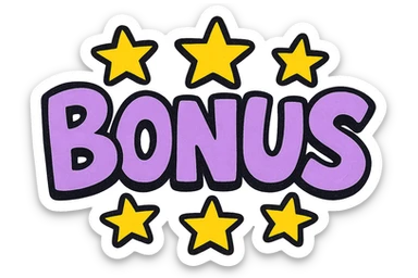 the word BONUS in large letters, all the same vibrant color, surrounded by stars, no background or sign behind, just the letters and stars, vibrant cartoon style QUIERO EXACTAMENTE IGUAL SOLO QUE LAS LETRAS DEBEN SER VIOLETA PASTEL Y LAS ESTRELLAS AMARILLAS sticker