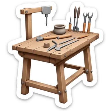 Cinematic Realistic image of a workbench set with a lump of pliable clay and artisanal sculpting tools, rendered with finely detailed textures that reveal subtle clay particles and well-worn tool surfaces, bathed in warm, focused studio lighting sticker
