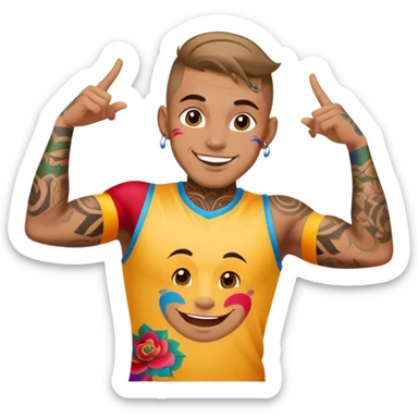 man with bold face tattoos, happy face, wearing a colorful jersey sticker
