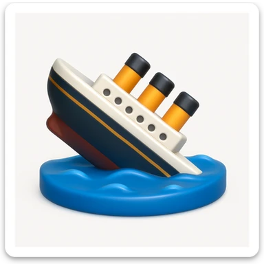 A 3D emoji in iOS emoji aesthetic style of a sinking ship, half-submerged in blue ocean water, tilted downward with small waves around, soft lighting and glossy Apple-style finish, clean white background.


 sticker