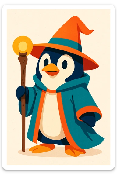 a penguin dressed as a wizard, with a pointed hat and a magic staff, in a charming, colorful style sticker