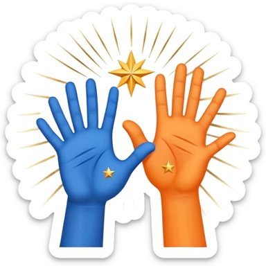 Two hands (orange and blue) shaking, surrounded by radiating lines and stars. Clean, minimalist style. Colors: orange (energy), blue (trust), gold highlights. Symbolizes teamwork, unity, and shared success. sticker