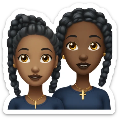 two black teenage twin girls with black braids that have curly ends and with navy blue tops and gold earrings and gold cross necklaces and some lipgloss and lip liner sticker