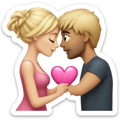 Cute couple, blonde hair woman and dark haired man kissing holding a pink heart sticker
