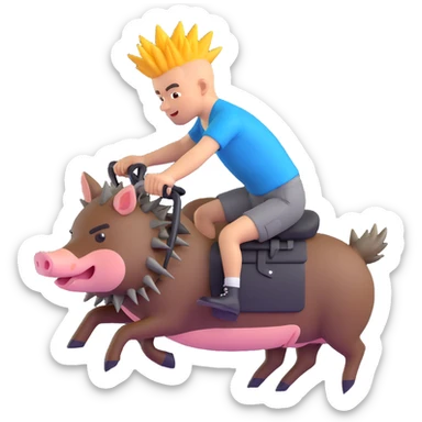 a punk riding a wild pig, 3D emoji style sticker