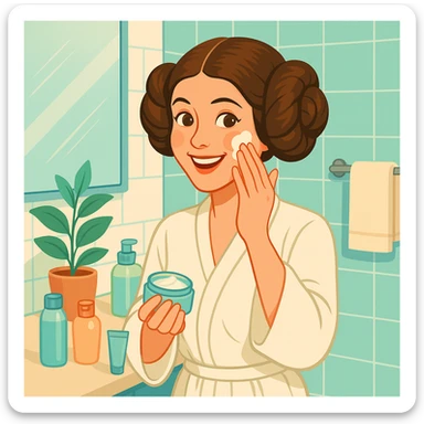 Princess Leia from Star Wars doing her skin care routine in the morning, cheerful, detailed, modern illustration sticker