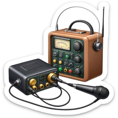 A photorealistic icon featuring a ham radio transceiver, headphones, microphone, antenna, and radio equipment like soldering tools and cables. The design includes detailed textures and realistic lighting, symbolizing the passion for amateur radio and communication. Transparent background. sticker