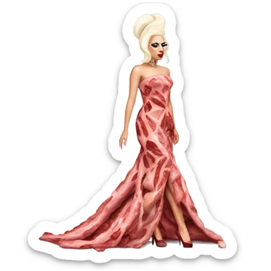 Lady gaga walking down the red carpet wearing a dress made out of meat sticker