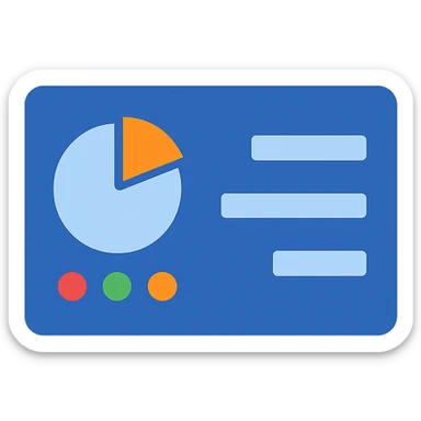 Create a very simple flat color clip art style Control Panel icon with a transparent background. The base is a blue rectangle. In the top left, place a pie chart. Below the pie chart, place three colored dots. To the right, place three horizontal blue rectangles of different lengths. Use the three blue shades from the provided palette for the main elements (rectangle base and horizontal bars). Allow other colors for the dots or pie chart if needed for clarity. Ensure all elements are clearly visible and distinct, minimal and clean style. sticker