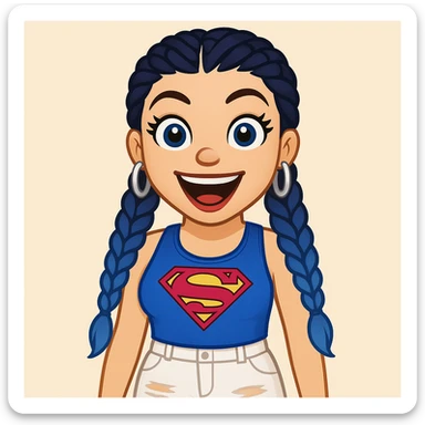 Create a girl character in emoji style with the same face and outfit as the reference image. Change the hair to braided dark blue ombre, blue eyes, very excited expression, thick black eyeliner, thick long eyelashes, light pink lips, large upper body visible, wearing white ripped cargo pants. sticker