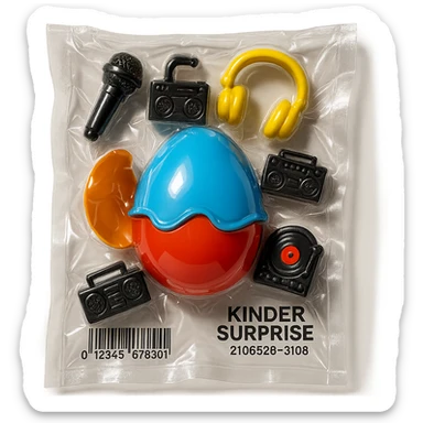 Kinder Surprise egg opened, showing toys including microphone, boombox, headphones, DJ turntable, shiny and inflated vacuum-sealed style sticker