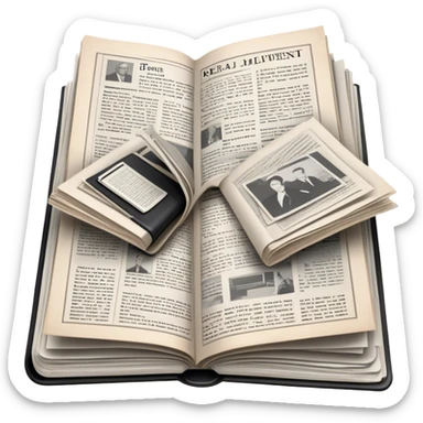 Icon for Non-Fiction & Narrative Reading: an open book with black-and-white photos on the pages, surrounded by a pile of newspaper clippings, and an open folder with top-secret documents. The icon should reflect the blend of real stories and facts in non-fiction literature. Transparent background. sticker