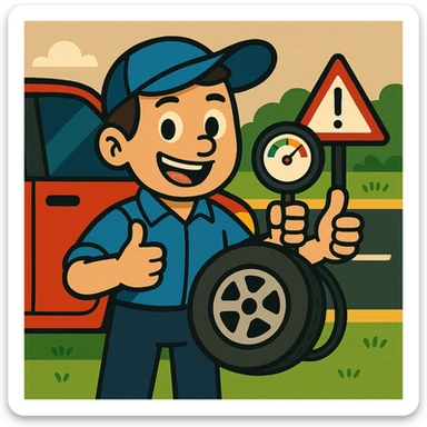 Simplify the illustration by keeping only the tire, the pressure gauge, and the car. Correct the character to have only two arms. Maintain the bright colors and friendly cartoon style. sticker