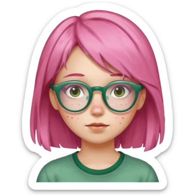 a girl with pink glasses, brownish green hair and freckles sticker