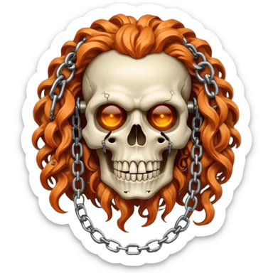 cinematic realistic steampunk Megadeth iconic skull mascot with a rusty chain in his teeth, huge curly orange hair sticker