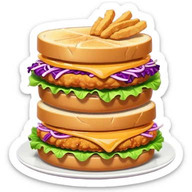 Burning hot, spicy,  stacked chicken sandwich — two thick golden toast slices, a crispy breaded chicken fillet, green lettuce, and purple cabbage slaw, with glossy dark sauce dripping down the sides. sticker