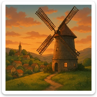 Windmill turning slowly in a quiet hill village at sunset. sticker