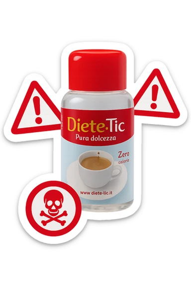 BOCCETTA DI DOLCIFICANTE LIQUIDO CON LA SCRITTA "DIETE-TIC" SULL'ETICHETTA FLUTTUA IN ARIA INSIEME A SEGNALI DI PERICOLO 3D sticker