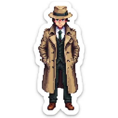 Штирлиц as a pixel art character, retro spy theme sticker
