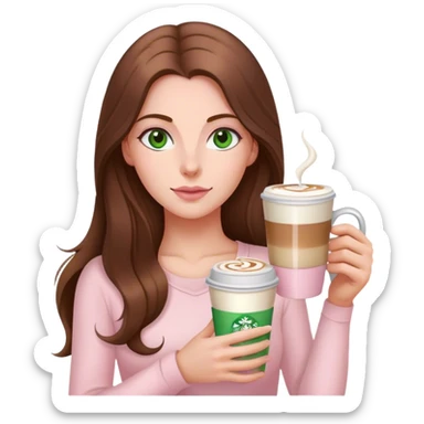 pretty woman with very long brown hair and green eyes and light pink outfit with a latte sticker