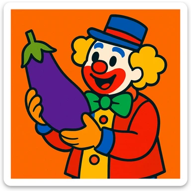 clown holding an eggplant, vibrant and playful sticker