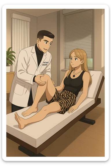 fai un webtoon/manga a colori con questo kinesiologo in camice bianco (fagli la scritta "ANTONIO ANANIA" SUL CAMICE) CHE SVOLGE UN TEST NEUROMUSCOLARE SOLLEVANDO UNA GAMBA ALLA RAGAZZA CHE è STESA SU UN LETTINO BIANCO. STANZA SEMPLICE E MODERNA, DURANTE IL TEST I DUE DIALOGANO TRA LORO. NON FARE I FUMETTI, FAI SOLO LORO COME SE DIALOGASSERO sticker