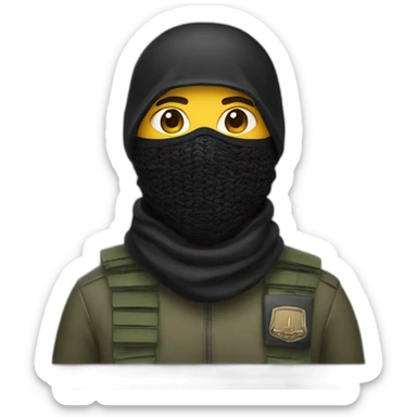 A person masked with a black shemagh and wearing military clothing  sticker