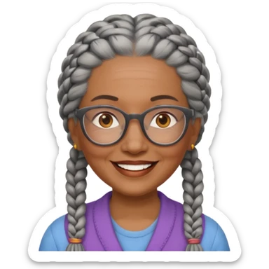 Older woman of color with gray braids, glasses and smiling sticker