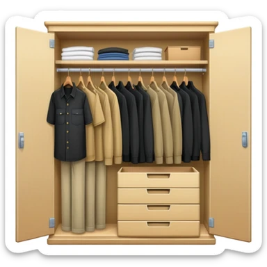 Cartoon wardrobe slightly open showing black shirts, khaki pants, overall, and work clothes neatly organized inside sticker
