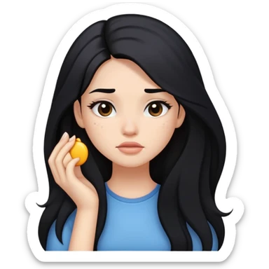 girl with long black hair, soft makeup, and a pimple on her face sticker