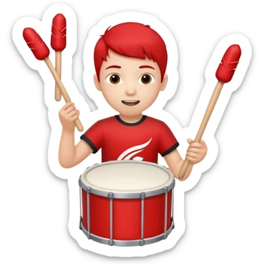 A young boy wearing team colors, banging a small drum excitedly. sticker