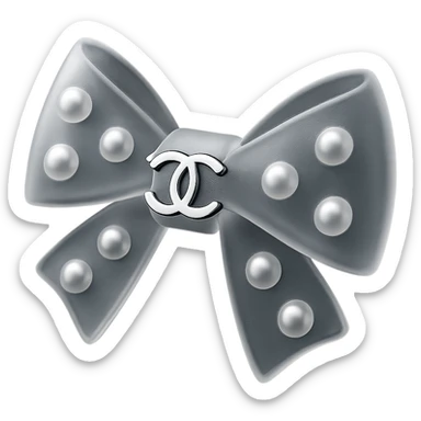 elegant bow with pearls and silver Chanel logo, glossy, black and white sticker