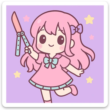 Add a lilac background behind the stylized anime girl with a balisong, keep the kawaii style. sticker