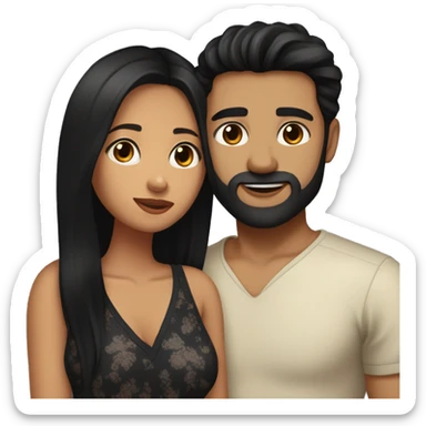Medium skinned toned short bearded man with black hair kissing medium skin toned girl with black long hair wearing pajamas sticker
