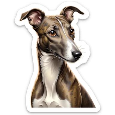 Cinematic Noble Brindle Greyhound Portrait Emoji, Poised and regal, with a slender, aerodynamic build and a refined brindle Fur, deep-set soulful eyes, Simplified yet sharp and sophisticated features, highly detailed, glowing with a soft, dignified glow, high shine, intelligent and agile, stylized with an air of elegance, focused and attentive, soft glowing outline, capturing the essence of a watchful and graceful racer, so majestic it feels as though it could dash out of the screen with effortless authority! sticker