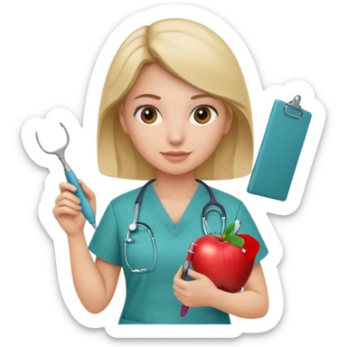 female neurosurgeon in scrubs, holding clipboard and several surgical tools, apple emoji style sticker