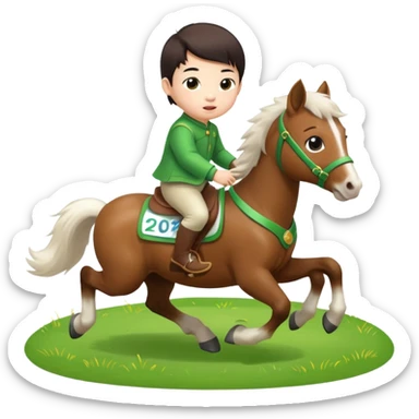 l little chinese baby riding on a  cute horse running really fast on the grass with 2026 year's label sticker